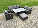 Fimous 7 Seater Outdoor Rattan Furniture Garden Dining Set Patio Height Adjustable Rising lifting Table with 3 Seater Sofa Reclining Chair Love Sofa Dark Grey Mixed