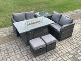 Fimous Rattan Garden Furniture Set with Gas Fire Pit Table 6 Pieces Outdoor Loveseat Sofa Set Dark Grey Mixed