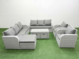 Fimous PE Rattan High Back Lounge Sofa Set Patio Oblong Coffee Table & Chairs Set with 3 Seater Sofa Reclining Chair 3 Stools Light Grey
