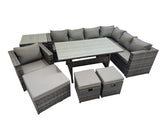 Fimous Rattan Garden Furniture Set Outdoor 10 Seater Patio Dining Corner Sofa Sets with Dining Table Chair Big Stool Side Table Dark Grey Mixed
