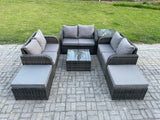 Fimous 8 Seater Outdoor Garden Furniture Sets Wicker Rattan Furniture Sofa Sets with Square Coffee Table Love seat Sofa 2 Big Footstool Side Table