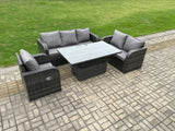 Fimous Outdoor Rattan Furniture Garden Dining Set Patio Height Adjustable Rising lifting Table with 3 Seater Sofa Reclining Chair Love Sofa Dark Grey Mixed