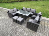 Fimous 9 Seater Dark Grey PE Wicker Rattan Garden Furniture Set Reclining Chair Love Seat 3 Seater Sofa Set Outdoor Rectangular Dining Table Stools