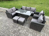 Fimous 9 Seater Dark Grey PE Wicker Rattan Garden Furniture Set Reclining Chair Love Seat 3 Seater Sofa Set Outdoor Rectangular Dining Table Stools