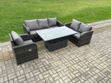Fimous Outdoor Rattan Furniture Garden Dining Set Patio Height Adjustable Rising lifting Table with 3 Seater Sofa Reclining Chair Love Sofa Dark Grey Mixed