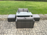 Fimous Garden Patio Furniture Wicker Rattan Oblong Rectangular Dining Table and Loveseat Sofa set with 2 Big Footstool Dark Grey Mixed