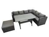 Fimous Rattan Garden Furniture Set Outdoor 7 Seater Patio Dining Corner Sofa Sets with Dining Table Big Stool Dark Grey Mixed