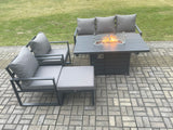 Fimous Aluminium Outdoor Garden Furniture Set Gas Fire Pit Dining Table Set Gas Heater Burner with 2 Arm Chair Big Footstool Dark Grey 6 Seater