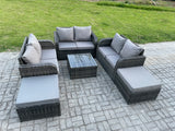 Fimous 8 Seater High Back Rattan Garden Furniture Set with Square Coffee Table 2 Big Footstool Love Sofa Indoor Outdoor Patio Lounge Sofa Set Dark Grey Mixed