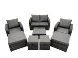 Fimous Rattan Garden Outdoor Furniture Set Love Sofa Reclining Chair Square Coffee Table Set with 4 Stools Dark Grey Mixed