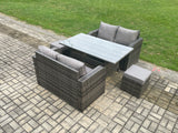 Fimous Patio Rattan Garden Furniture Set with Oblong Rectangular Dining Table 2 Small Footstools 6 Seater Outdoor Loveseat Sofa Set Dark Grey Mixed
