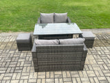 Fimous Patio Rattan Garden Furniture Set with Oblong Rectangular Dining Table 2 Small Footstools 6 Seater Outdoor Loveseat Sofa Set Dark Grey Mixed