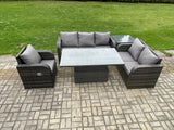 Fimous Outdoor Rattan Furniture Garden Dining Set Patio Height Adjustable Rising lifting Table Reclining Chair Sofa With Side Table Dark Grey Mixed