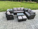 Fimous Outdoor Garden Furniture Sets 8 Pieces Wicker Rattan Furniture Sofa Sets with Rectangular Coffee Table Loveseat Sofa 2 Small Footstools 2 Side Tables