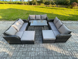 Fimous Rattan Garden Furniture Dining Set 11 seater Patio Rectangular Table 2 Big Footstool Dark Grey Mixed