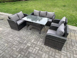 Fimous 7 Seater Dark Grey PE Wicker Rattan Garden Furniture Set Reclining Chair Love Seat 3 Seater Sofa Set Outdoor Rectangular Dining Table