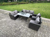 Fimous 7 Seater Dark Grey PE Wicker Rattan Garden Furniture Set Reclining Chair Love Seat 3 Seater Sofa Set Outdoor Rectangular Dining Table