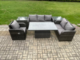 Fimous Outdoor Rattan Furniture Garden Dining Set Patio Height Adjustable Rising lifting Table Reclining Chair Sofa With 2 Side Tables Dark Grey Mixed