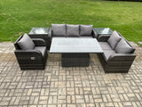 Fimous Outdoor Rattan Furniture Garden Dining Set Patio Height Adjustable Rising lifting Table Reclining Chair Sofa With 2 Side Tables Dark Grey Mixed