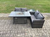 Fimous Rattan Garden Furniture Set with Gas Fire Pit Table 4 Pieces Outdoor Loveseat Sofa Set Dark Grey Mixed