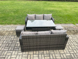 Fimous Patio Rattan Garden Furniture Set with Oblong Rectangular Dining Table 2 Small Footstools 8 Seater Outdoor Lounge Sofa Set Dark Grey Mixed