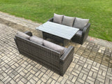 Fimous Patio Rattan Garden Furniture Set with Oblong Rectangular Dining Table 6 Seater Outdoor 3 Seater Sofa Set Dark Grey Mixed