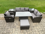 Fimous Outdoor Rattan Furniture Garden Dining Set Patio Height Adjustable Rising lifting Table Reclining Chair Sofa With 2 Side Tables Big Footstool Dark Grey Mixed