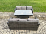 Fimous Patio Rattan Garden Furniture Set with Oblong Rectangular Dining Table 6 Seater Outdoor 3 Seater Sofa Set Dark Grey Mixed