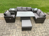 Fimous Outdoor Rattan Furniture Garden Dining Set Patio Height Adjustable Rising lifting Table Reclining Chair Sofa With 2 Side Tables Big Footstool Dark Grey Mixed