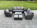 Fimous Outdoor Garden Furniture Sets 6 Pieces Wicker Rattan Furniture Sofa Sets with Rectangular Coffee Table Loveseat Sofa 2 Small Footstools
