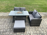 Fimous Rattan Garden Furniture Set with Gas Fire Pit Table Footstool 4 Pieces Outdoor Loveseat Sofa Set Dark Grey Mixed