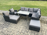 Fimous High Back Outdoor Garden Furniture Set Rattan Corner Sofa Dining Table Set With 2 Armchairs 2 Big Footstool 10 Seater Dark Grey Mixed