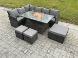 Fimous Rattan Garden Furniture High Back Corner Sofa Gas Fire Pit Dining Table Sets Gas Heater with 3 Footstools 9 Seater Dark Grey Mixed