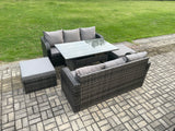 Fimous Patio Rattan Garden Furniture Set with Oblong Rectangular Dining Table 2 Big Footstool 5 Pieces Outdoor Lounge Sofa Set Dark Grey Mixed