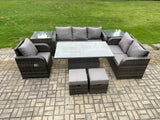 Fimous Rattan Outdoor Furniture Garden Dining Set Patio Height Adjustable Rising lifting Table Reclining Chair Sofa With 2 Side Tables 2 Small Footstools Dark Grey Mixed
