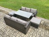 Fimous Patio Rattan Garden Furniture Set with Oblong Rectangular Dining Table 2 Big Footstool 5 Pieces Outdoor Lounge Sofa Set Dark Grey Mixed