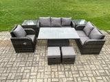 Fimous Rattan Outdoor Furniture Garden Dining Set Patio Height Adjustable Rising lifting Table Reclining Chair Sofa With 2 Side Tables 2 Small Footstools Dark Grey Mixed