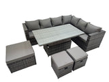 Fimous 9 Seater Rattan Height Adjustable Rising Lifting Table Corner Sofa Sets with 3 Footstools Dark Grey Mixed