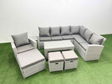 Fimous 11 Seater Garden Outdoor Rattan Furniture Set Rattan Corner Sofa Oblong Coffee Table with 3 Footstools Light Grey Mixed
