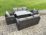 Fimous 8 Seater Lounge Rattan Sofa Set Outdoor Garden Furniture Oblong Rectangular Dining Table With Adjustable Chair 3 Seater Sofa Dark Grey Mixed