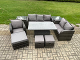 Fimous Rattan Outdoor Furniture Garden Dining Set Patio Height Adjustable Rising lifting Table Reclining Chair Sofa With 2 Side Tables 3 Footstools Dark Grey Mixed