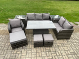 Fimous Rattan Outdoor Furniture Garden Dining Set Patio Height Adjustable Rising lifting Table Reclining Chair Sofa With 2 Side Tables 3 Footstools Dark Grey Mixed