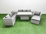 Fimous 7 PCs Rising Dining Table Set Rattan Furniture Set with 3 Seater Sofa Chair 2 Side Tables Big Footstool Light Grey