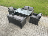 Fimous Rattan Garden Furniture Set 6 Seater Patio Outdoor Lounge Sofa Set with Oblong Dining Table Double Seat Sofa Dark Grey Mixed