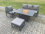 Fimous Aluminium Outdoor Garden Furniture Set Gas Fire Pit Dining Table Set Gas Heater Burner with Big Footstool Dark Grey 5 Seater