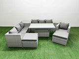 Fimous 7 PCs Rising Dining Table Set Rattan Furniture Set with 3 Seater Sofa Chair 2 Big Footstool 2 Side Tables Light Grey