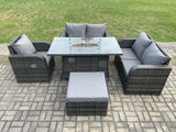 Fimous Rattan Garden Furniture Set with Gas Fire Pit Dining Table Big Footstool Indoor Outdoor 5 piece Love Sofa set