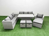 Fimous 7 PCs Rising Dining Table Set Rattan Furniture Set with 3 Seater Sofa Chair 3 Footstools Side Table Light Grey