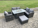 Fimous Rattan Garden Furniture Set with Gas Fire Pit Dining Table Big Footstool Indoor Outdoor 5 piece Love Sofa set
