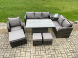 Fimous Rattan Outdoor Furniture Garden Dining Set Patio Height Adjustable Rising lifting Table Reclining Chair Sofa With Side Table 3 Footstools Dark Grey Mixed